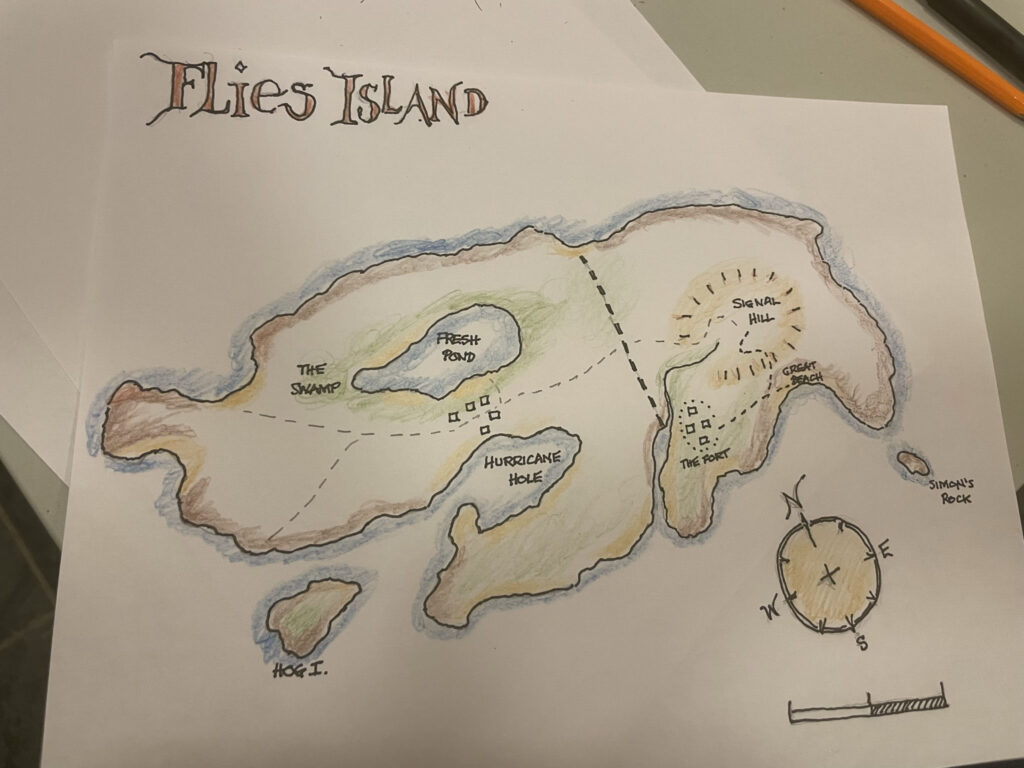 Illustrated map of the imaginary "Flies Island" created by a student in North Haven, Maine.