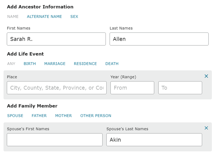 Screenshot from familysearch.org displaying search terms for "Sarah R. Allen Akin"