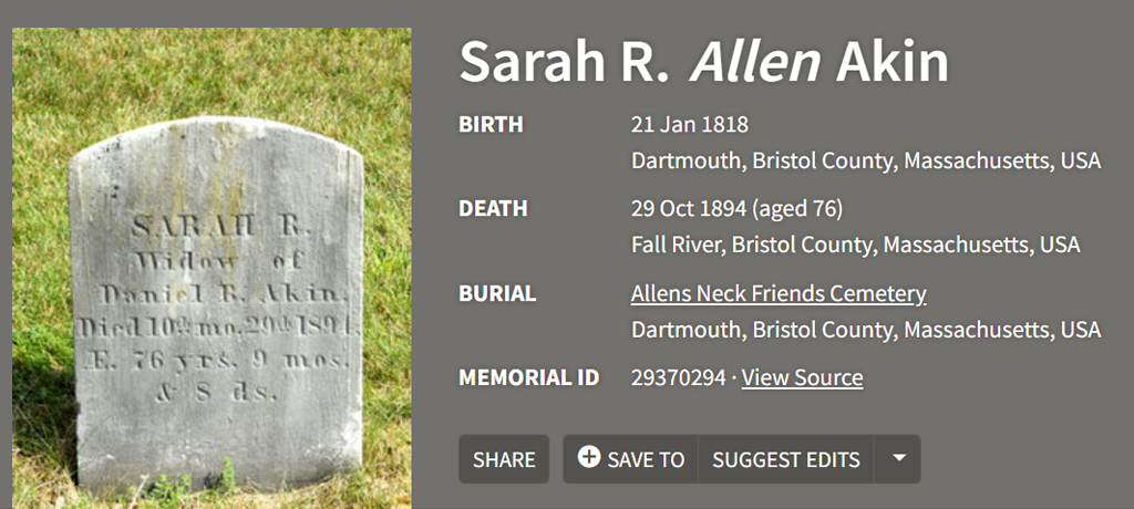 Screenshot from findagrave.com displaying search results for "Sarah R. Allen Akin"
