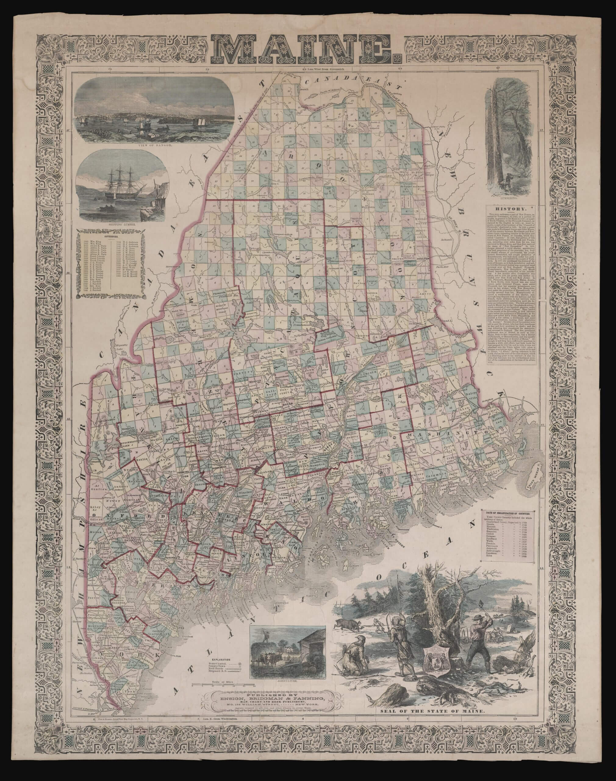 1860 Map of Maine with illustrated border