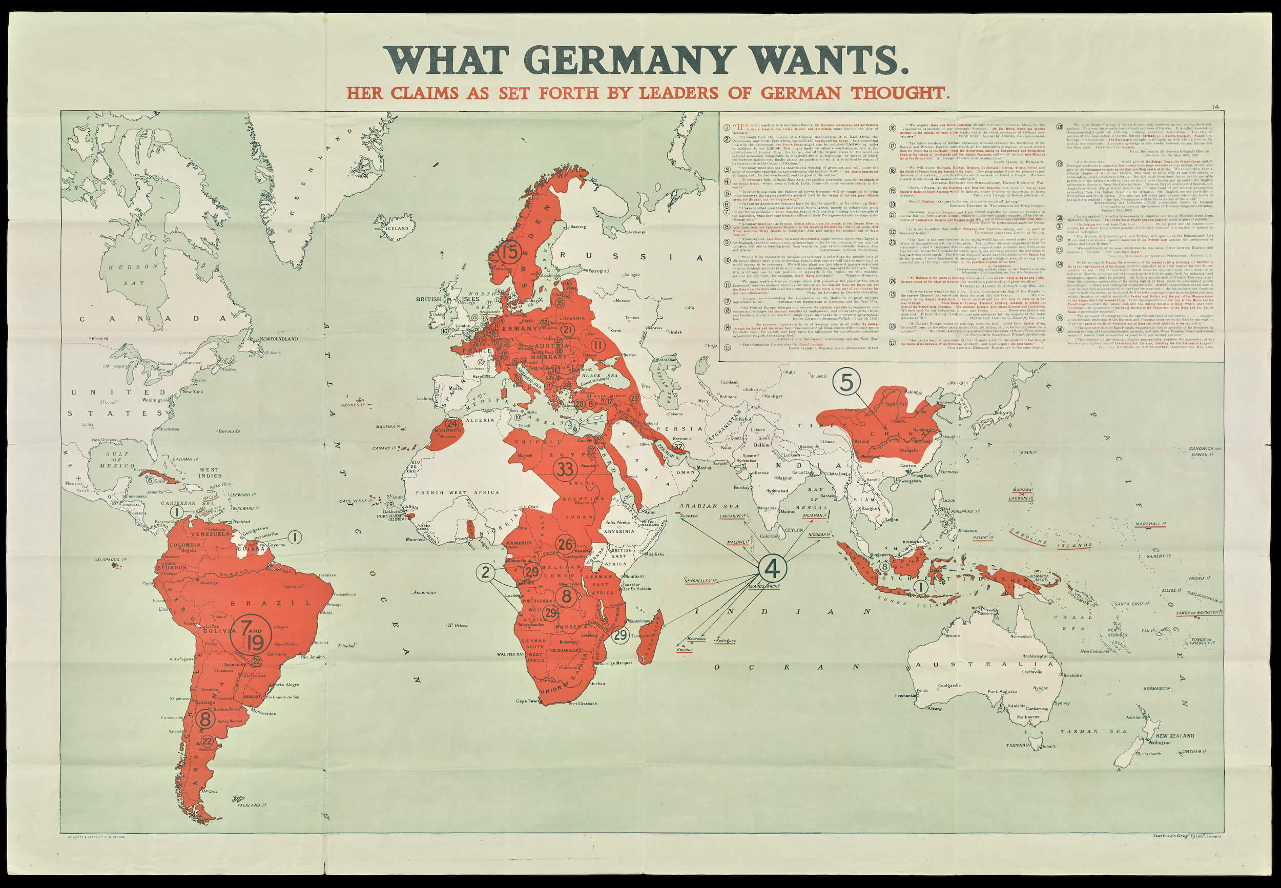 Map showing the locations that German speakers had spoken of conquering from WWI.