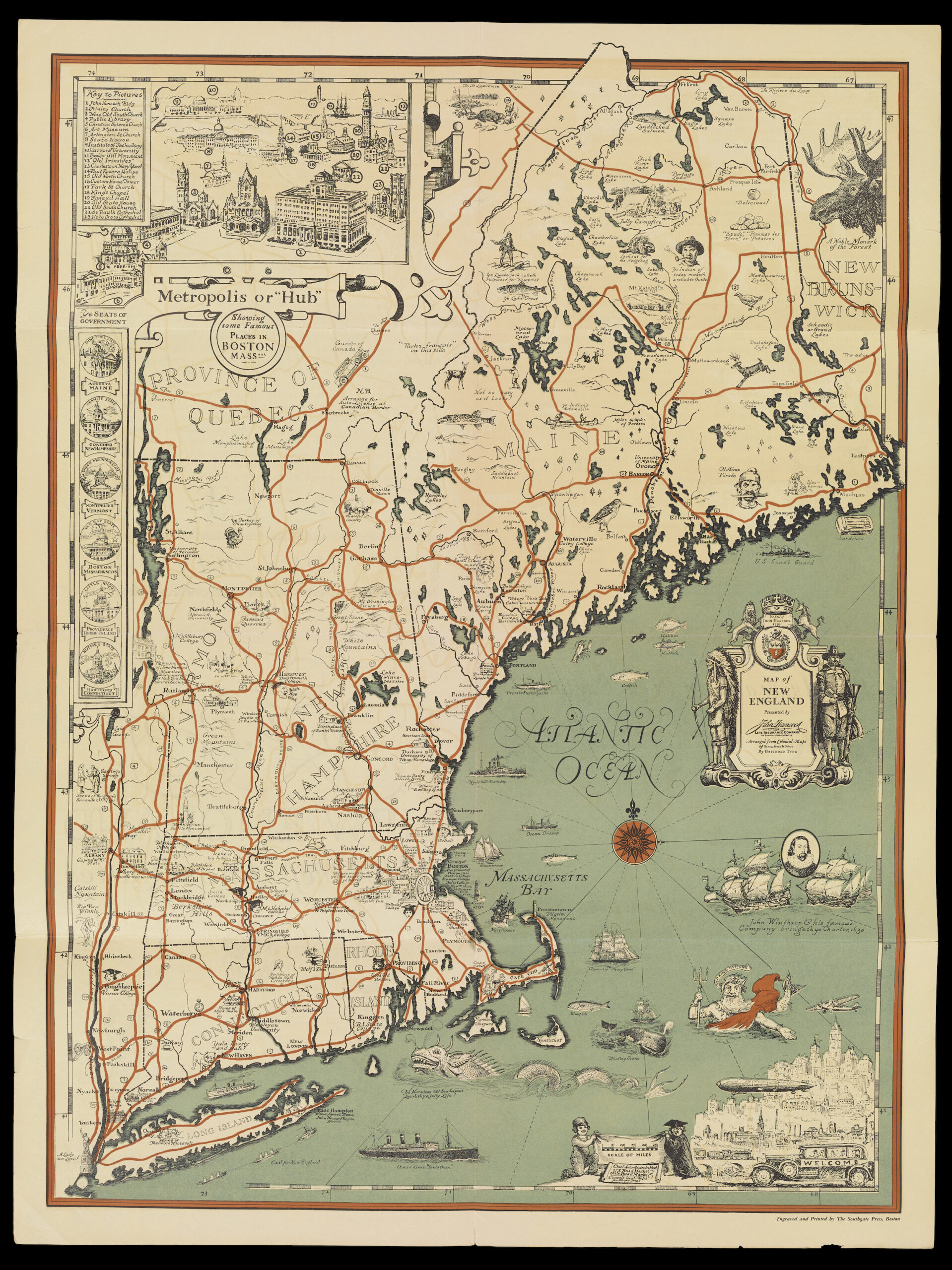 1930 map of New England, heavily illustrated