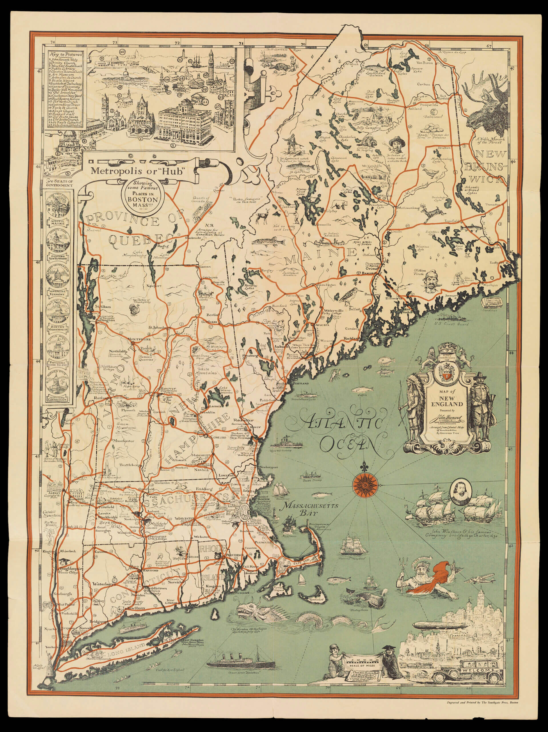1930 map of New England, heavily illustrated