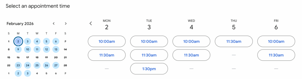 Screenshot of availability calendar